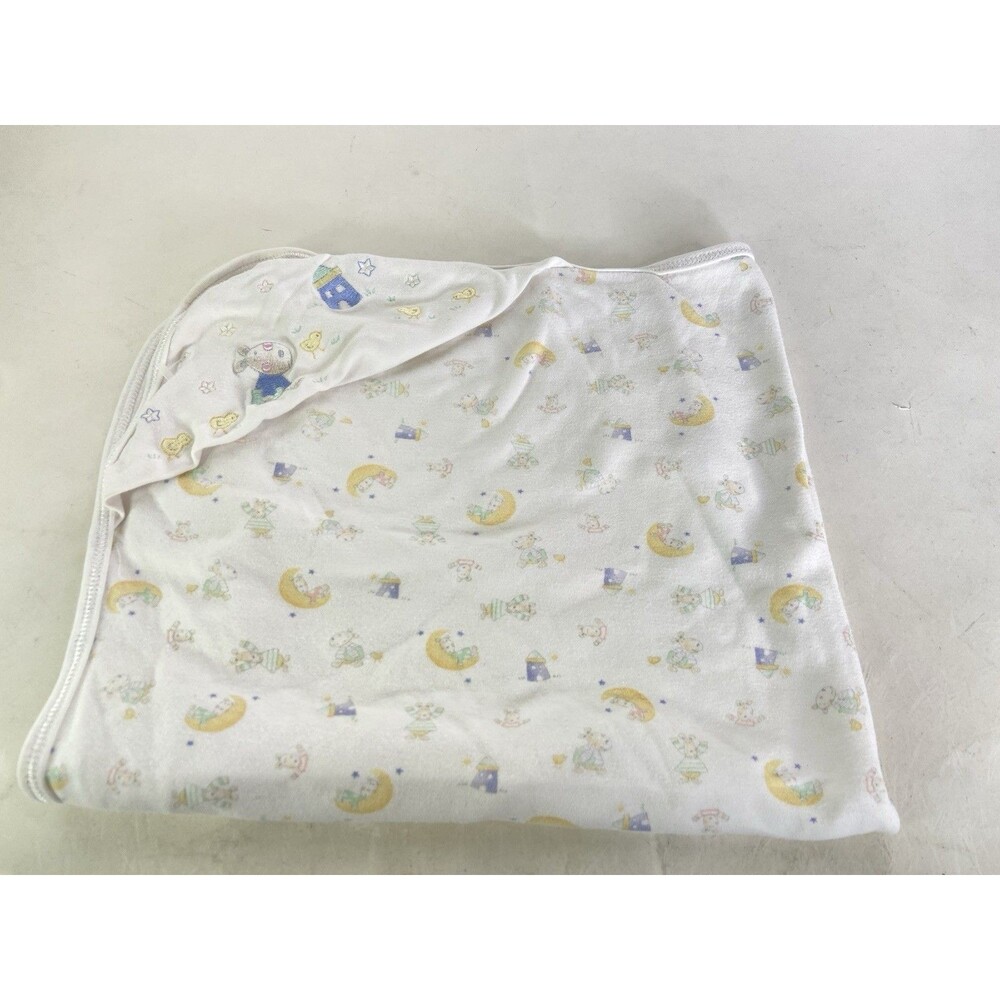 Vintage Saks Fifth Avenue Baby Blanket Teddy Bear Moon Blue House Chicks Stars
